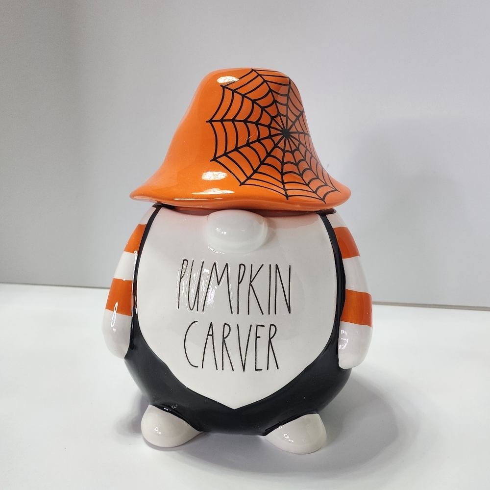 Rae Dunn Halloween PUMPKIN CARVER Gnome Canister Orange Black White Large w/ Lid